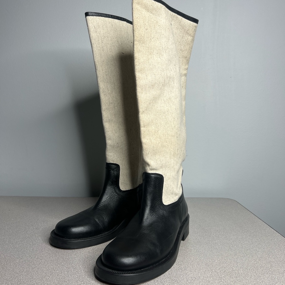 ZARA Combined Leather and Linen Knee High Boots Color block Size 7.5 / 38 RARE - Picture 6 of 14